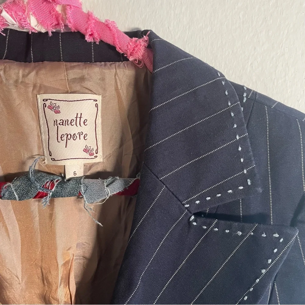 SOLD Nanette Lepore Pinstripe Blazer Professional with cute blue embroidery - Picture 1 of 15